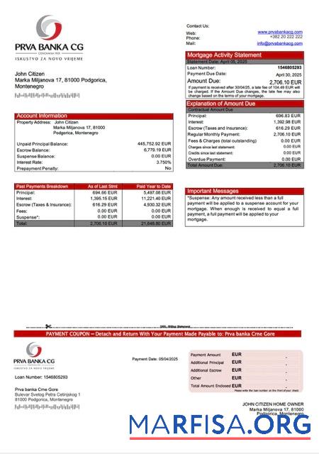 Printable Montenegro Prva banka Crne Gore mortgage statement Word and PDF template